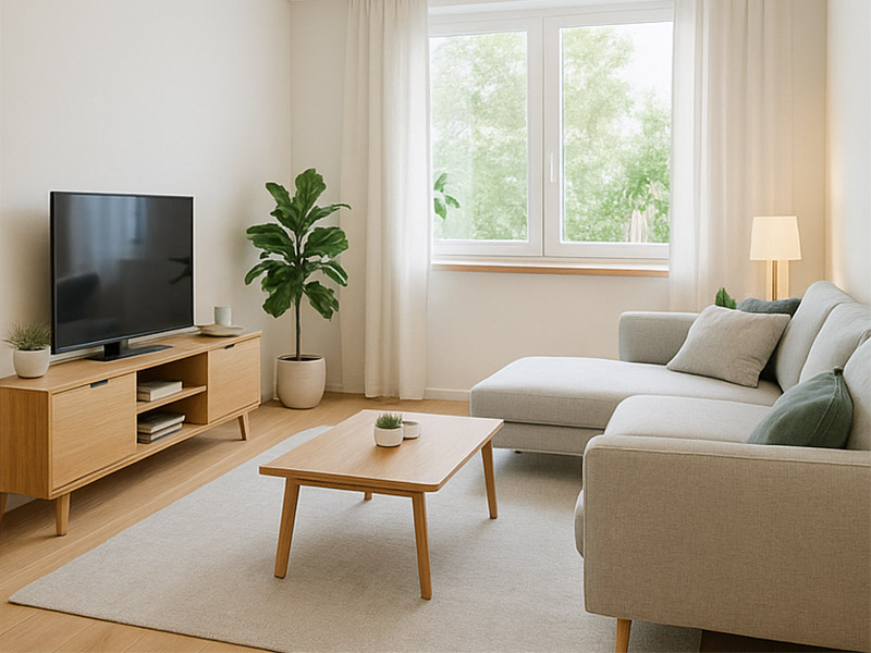 Wohnzimmer nach der Sanierung Magdeburg – hell, modern mit Echtholzparkett und frischem Anstrich